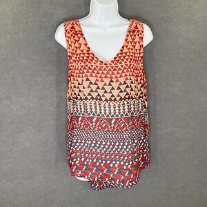 Lucky Brand Top Womens Sz L Geometric Print V Neck‎ Sleeveless Sheer Blouse